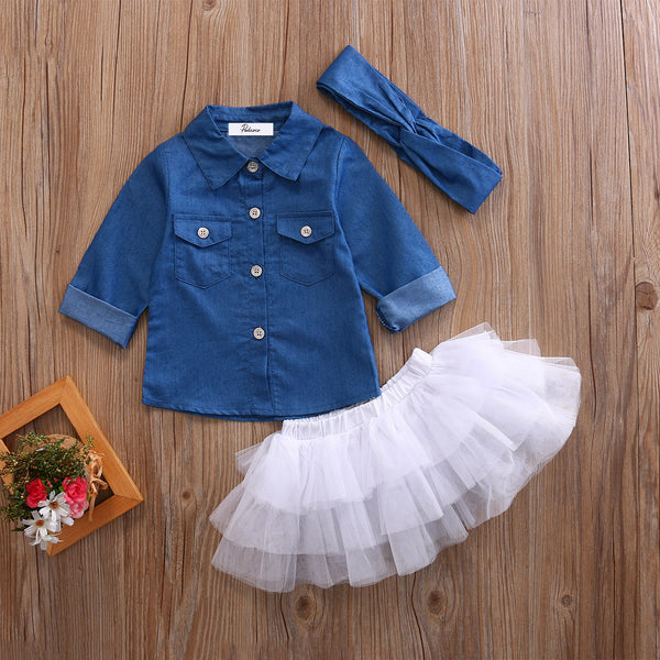 0-5T Babies Girl Summer Clothing Set Baby Girls Denim Shirt Top +Tutu Skirts+Headband 3pcs Outfits Sets New