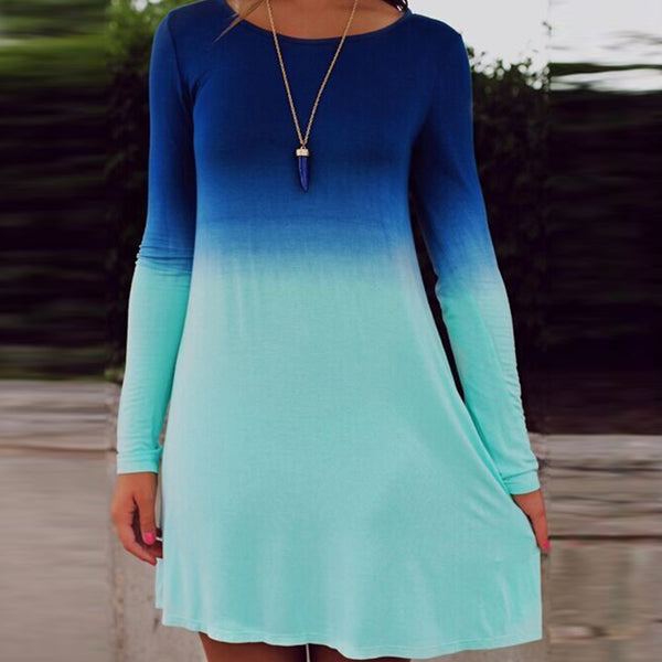 Sea Blue Ocean Fashion Summer Dress Women\'s Long Sleeve Tiered Cute Gradient color Sequin Short Loose Dress