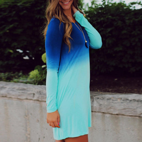 Sea Blue Ocean Fashion Summer Dress Women\'s Long Sleeve Tiered Cute Gradient color Sequin Short Loose Dress