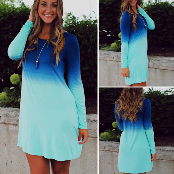 Sea Blue Ocean Fashion Summer Dress Women\'s Long Sleeve Tiered Cute Gradient color Sequin Short Loose Dress