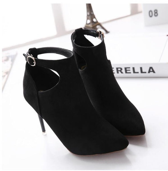 New Fashion Women Buckle Pointed Toe High Heels Ankle Boots Winter Party Short Boots Shoes