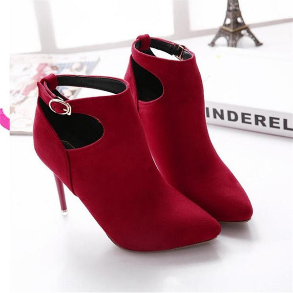 New Fashion Women Buckle Pointed Toe High Heels Ankle Boots Winter Party Short Boots Shoes