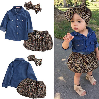 3PC Kids Baby Girls Lovely Denim s\Shirt + Leopard Dress Sets