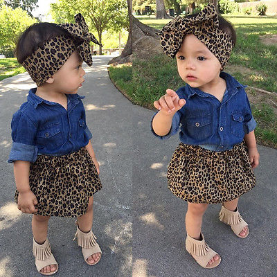 3PC Kids Baby Girls Lovely Denim s\Shirt + Leopard Dress Sets