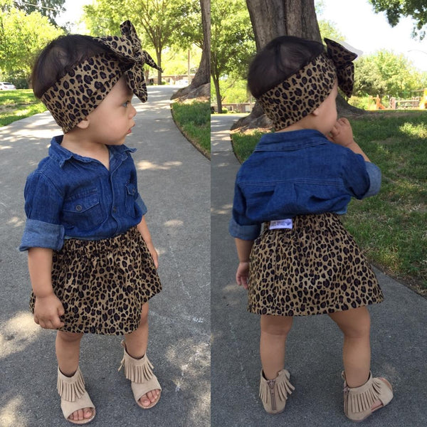 3PC Kids Baby Girls Lovely Denim s\Shirt + Leopard Dress Sets