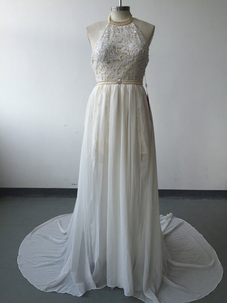 Romantic Ivory Lace Vestido de Noiva Beaded Sexy Backless High Low Beach Vintage Wedding Dress Chiffon 2017 Robe de Mariage