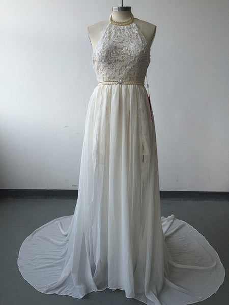 Romantic Ivory Lace Vestido de Noiva Beaded Sexy Backless High Low Beach Vintage Wedding Dress Chiffon 2017 Robe de Mariage