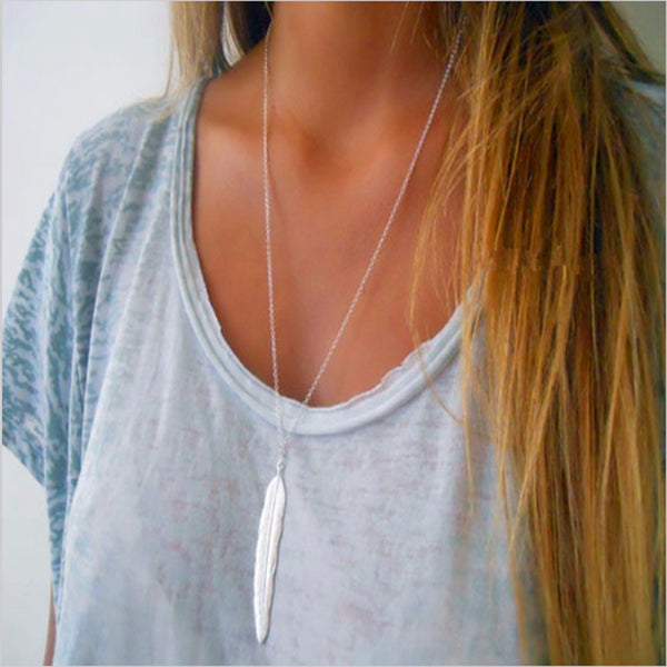 New Fashion womens vintage long necklace jewelry silver gold simple feather pendant necklaces colar Jewelry gifts