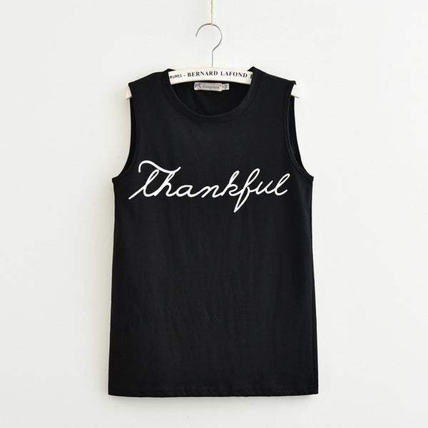Fashion Letter Print Thankful Jersey Women Tank Tops Sleeveless Plus Size Loose Knitwear