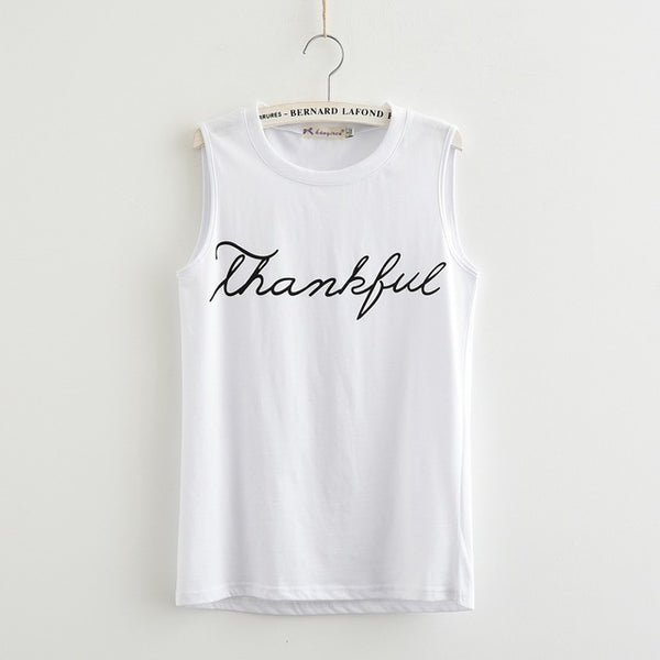 Fashion Letter Print Thankful Jersey Women Tank Tops Sleeveless Plus Size Loose Knitwear