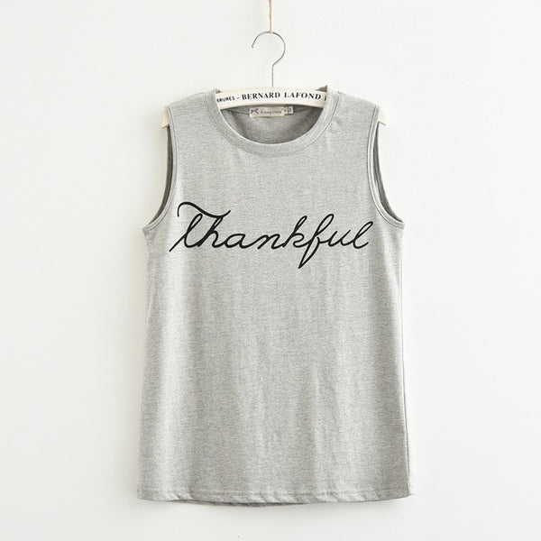 Fashion Letter Print Thankful Jersey Women Tank Tops Sleeveless Plus Size Loose Knitwear