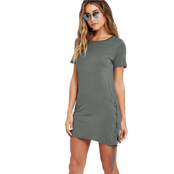 Summer Women T-Shirt O-Neck Short Sleeve Long Style T Shirts Shirt Womens Casual Tee Shirts Femme Green Tops Lade-up Mini  Dress