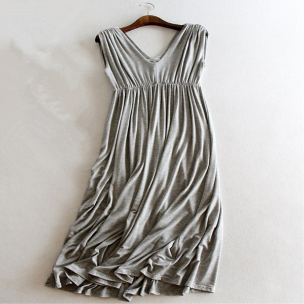 Summer Dress Women Casual Long Maxi Dress Pleated Vestido Modal Vneck Dresses Tank