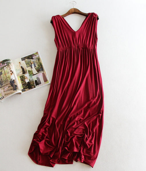 Summer Dress Women Casual Long Maxi Dress Pleated Vestido Modal Vneck Dresses Tank