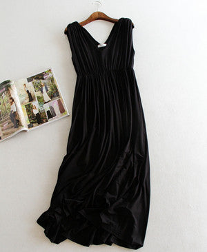 Summer Dress Women Casual Long Maxi Dress Pleated Vestido Modal Vneck Dresses Tank