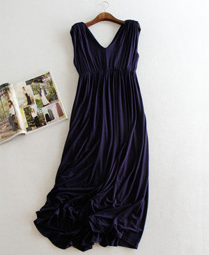 Summer Dress Women Casual Long Maxi Dress Pleated Vestido Modal Vneck Dresses Tank