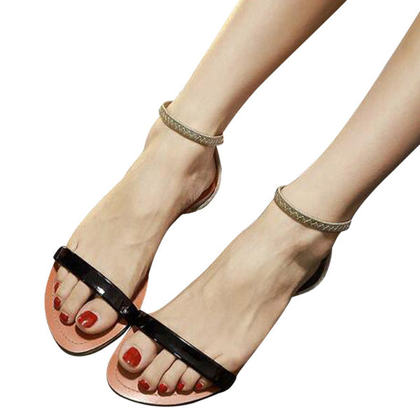 Patent Leather Shoes Woman Summer Slip On Ankle Strap Flats Sandals