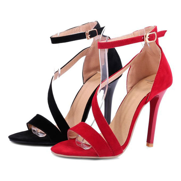Suede High Heels Sandals Women Plus Size Ankle Strap Summer Dress Shoes Open Toe Sandals