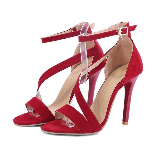 Suede High Heels Sandals Women Plus Size Ankle Strap Summer Dress Shoes Open Toe Sandals