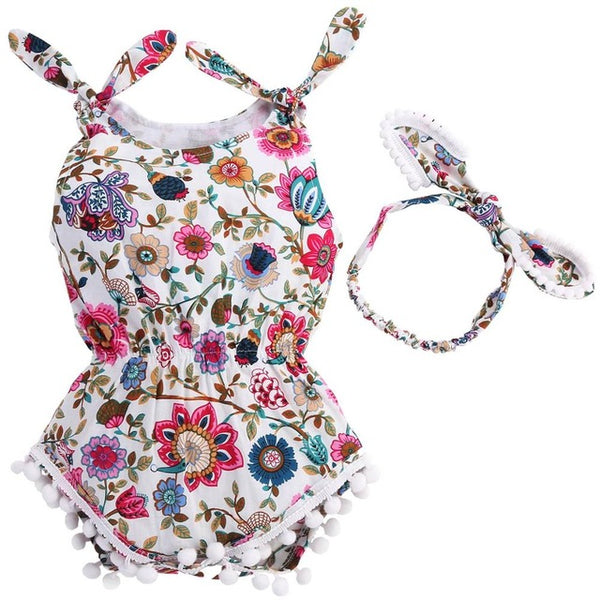 Baby Girl Romper Headband Elastic Waist Newborn Baby Clothes Set