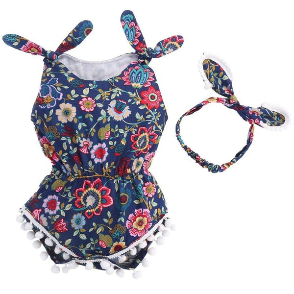 Baby Girl Romper Headband Elastic Waist Newborn Baby Clothes Set