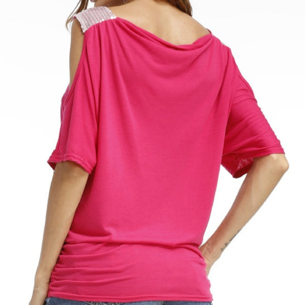 Sexy Sequined Casual O-neck Short Sleeve Solid Tops