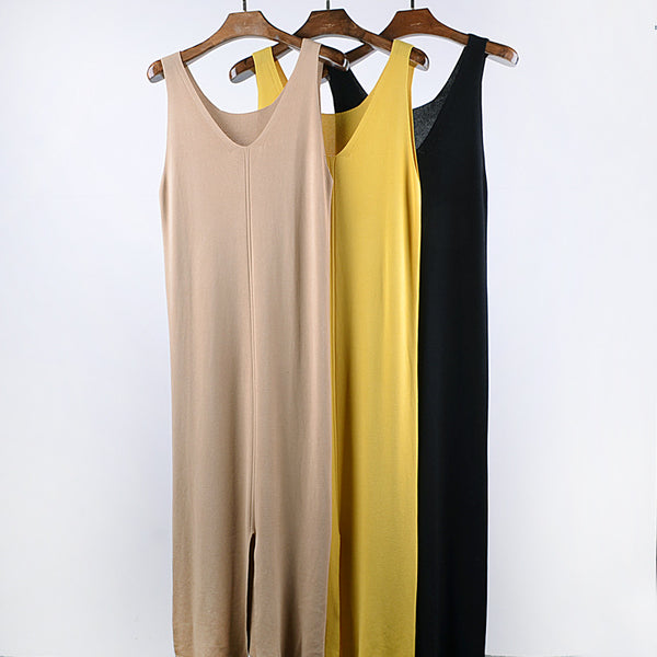 Ladies Summer Style Sexy Bodycon Knitted Dress Women V Neck Before Side Split Slim Dresses Casual New Sleeveless Dress