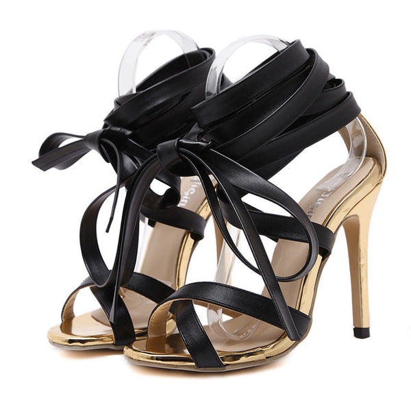 Women Knee High Heels Sexy Gladiator Lace up Stiletto Sandal