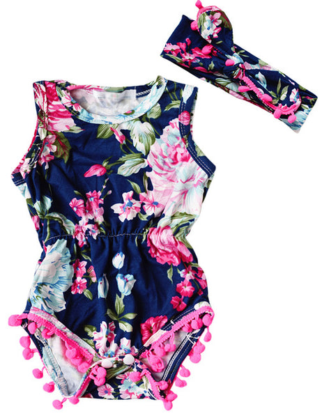 Baby Girl Romper Summer Romper Newborn Infant Baby Girls Floral Pom Pom Romper Jumpsuit Sunsuit Outfits Clothes Set 6-24M