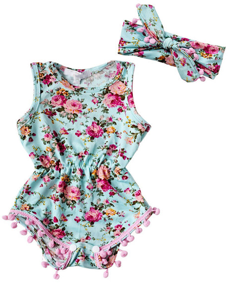 Baby Girl Romper Summer Romper Newborn Infant Baby Girls Floral Pom Pom Romper Jumpsuit Sunsuit Outfits Clothes Set 6-24M