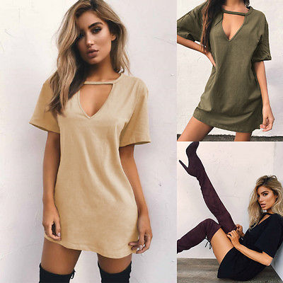 Women Short Sleeve  V-Neck Casual Cotton Loose Dresses