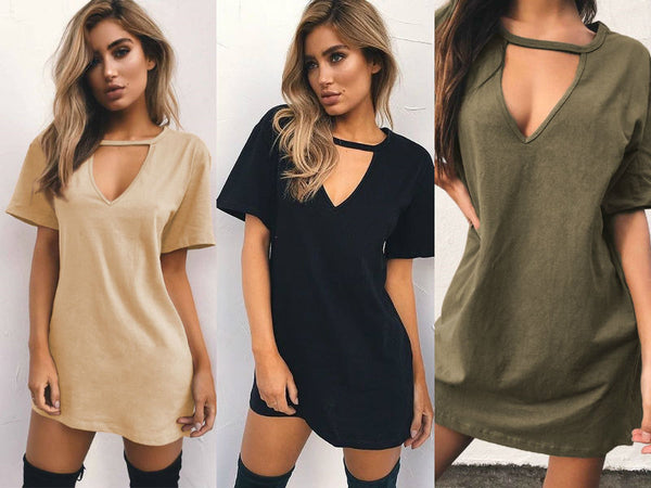 Women Short Sleeve  V-Neck Casual Cotton Loose Dresses