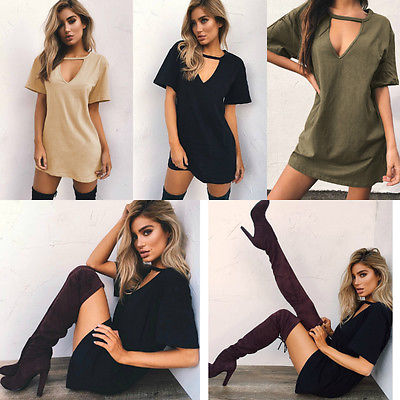 Women Short Sleeve  V-Neck Casual Cotton Loose Dresses