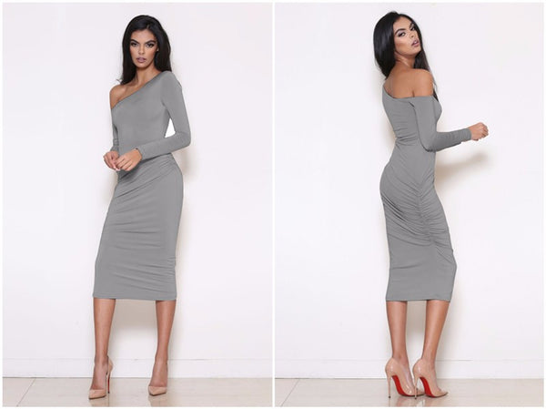 Asymmetrical Neck Off Shoulder Midi Body-con Women Long Sleeve Slim Sexy Pencil Party Dress