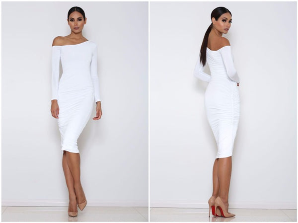 Asymmetrical Neck Off Shoulder Midi Body-con Women Long Sleeve Slim Sexy Pencil Party Dress