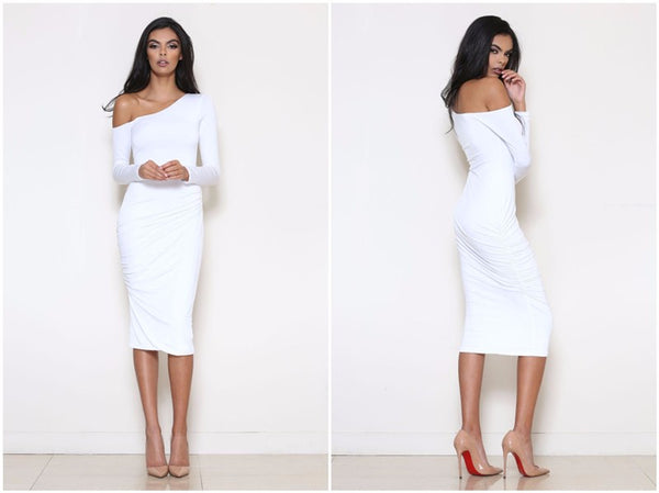 Asymmetrical Neck Off Shoulder Midi Body-con Women Long Sleeve Slim Sexy Pencil Party Dress