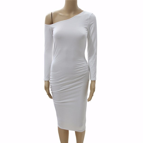 Asymmetrical Neck Off Shoulder Midi Body-con Women Long Sleeve Slim Sexy Pencil Party Dress