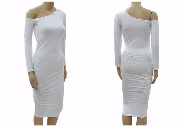 Asymmetrical Neck Off Shoulder Midi Body-con Women Long Sleeve Slim Sexy Pencil Party Dress