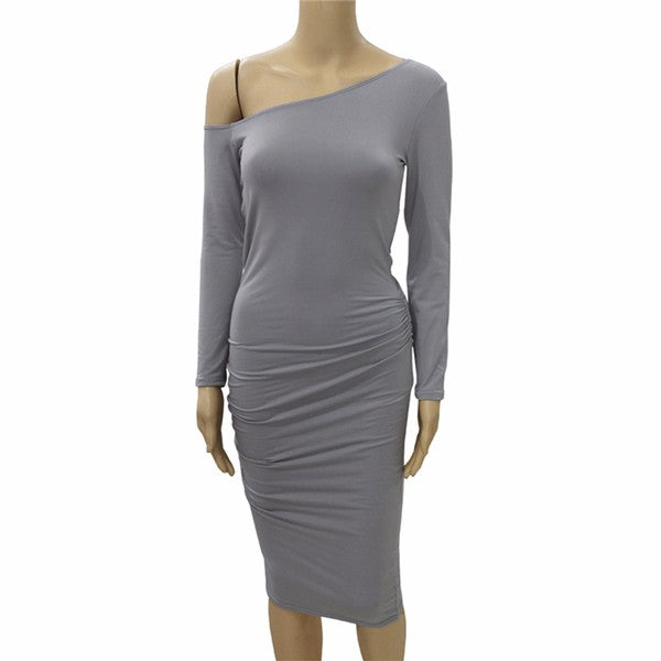 Asymmetrical Neck Off Shoulder Midi Body-con Women Long Sleeve Slim Sexy Pencil Party Dress
