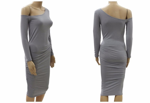 Asymmetrical Neck Off Shoulder Midi Body-con Women Long Sleeve Slim Sexy Pencil Party Dress