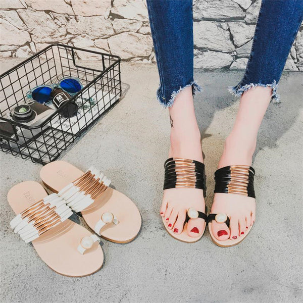 Fashion Slippers Women Fashion Pearl Set Toe Summer Flat Flip Flops Sandals Loafers Bohemia Shoes