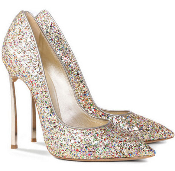 Style Metal High Heels Pointed Toe Women Glitter Wedding Shoes Slip-on Celebrity Stilettos Women Pumps Shining
