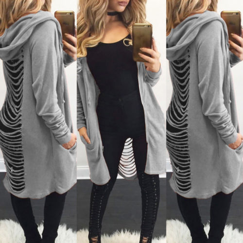 Womens Hoodies Ladies Cut Out Long Sleeve Long Ripped Back Hooded Hoodie Sweater Jacket