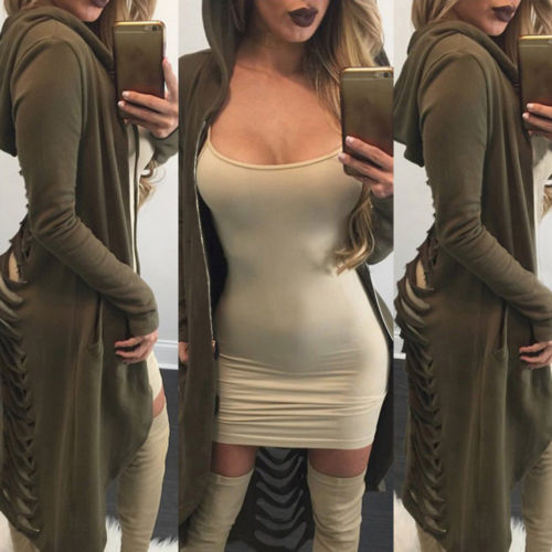 Womens Hoodies Ladies Cut Out Long Sleeve Long Ripped Back Hooded Hoodie Sweater Jacket