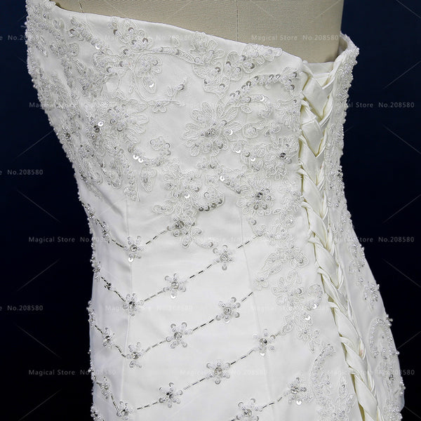 Glitter Greek Mermaid Wedding Dresses Women Bridal Gowns Strapless Ruffled Organza Beads