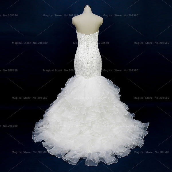 Glitter Greek Mermaid Wedding Dresses Women Bridal Gowns Strapless Ruffled Organza Beads