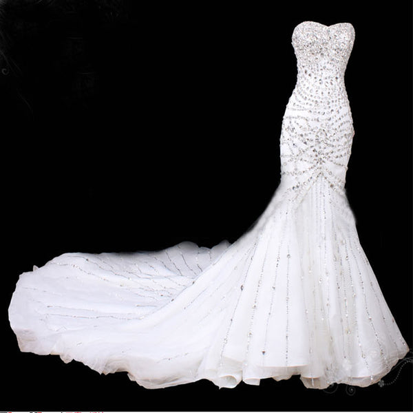 Glitter White Mermaid Wedding Dresses Crystal Cathedral Train Lebanon Strapless China Bride Bridal Gowns Real Photo Bead
