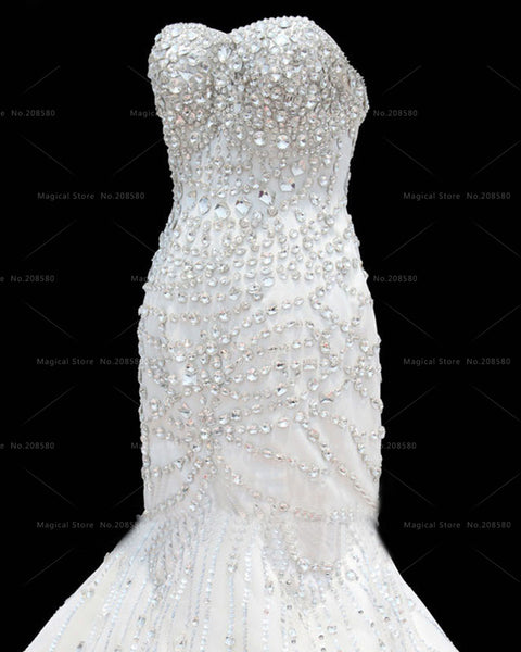 Glitter White Mermaid Wedding Dresses Crystal Cathedral Train Lebanon Strapless China Bride Bridal Gowns Real Photo Bead