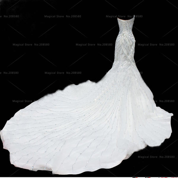 Glitter White Mermaid Wedding Dresses Crystal Cathedral Train Lebanon Strapless China Bride Bridal Gowns Real Photo Bead
