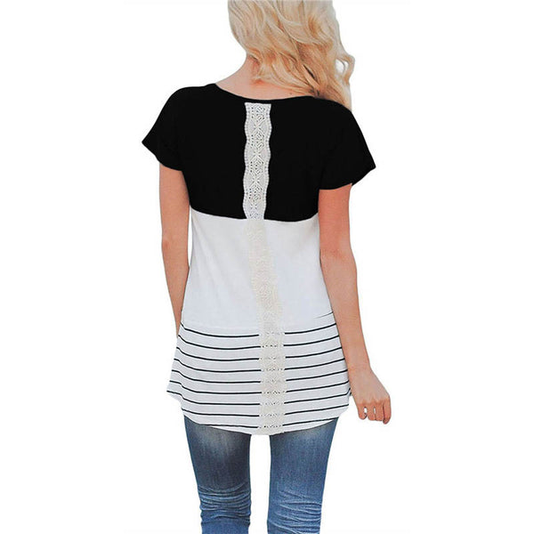 Fashion Women Summer Back Lace T-shirt Short Sleeve Stripes T-shirts Casual Tees Tops